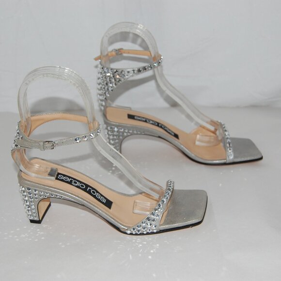 US 6.5 ❤️ SERGIO ROSSI Silver Crystal Rhinestone Embellished Ankle Strap Sandals - Picture 6 of 12